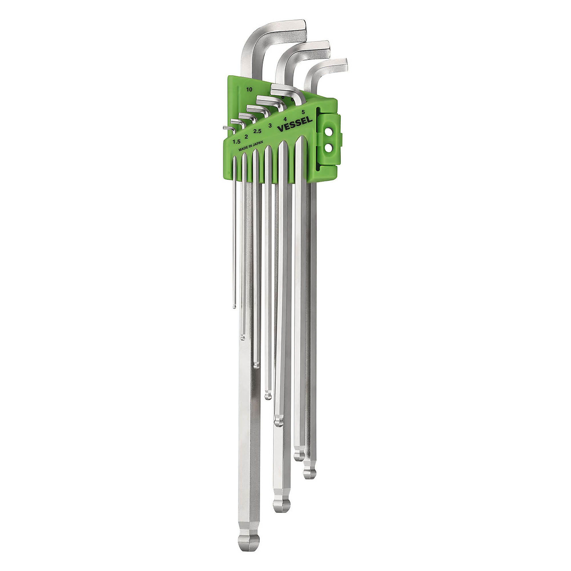 Vessel Ball Point Hex L-Key Wrench Set - Stubby Long Type, 9 Pcs, Magnetized Tip, Nickel Plated, Model# 8209BPLU